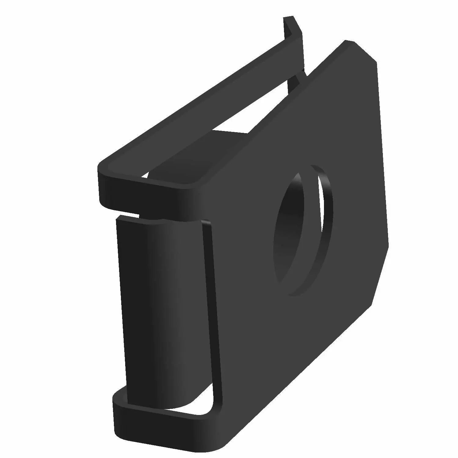 Black rectangular U-Nut clip with a central circular hole and a slotted side opening, made of metal.