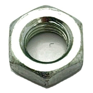Hexagonal silver metal jam nut with threaded interior and slightly worn edges.