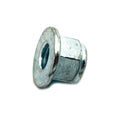 Silver hex flange nut with internal threading and a flat circular base.
