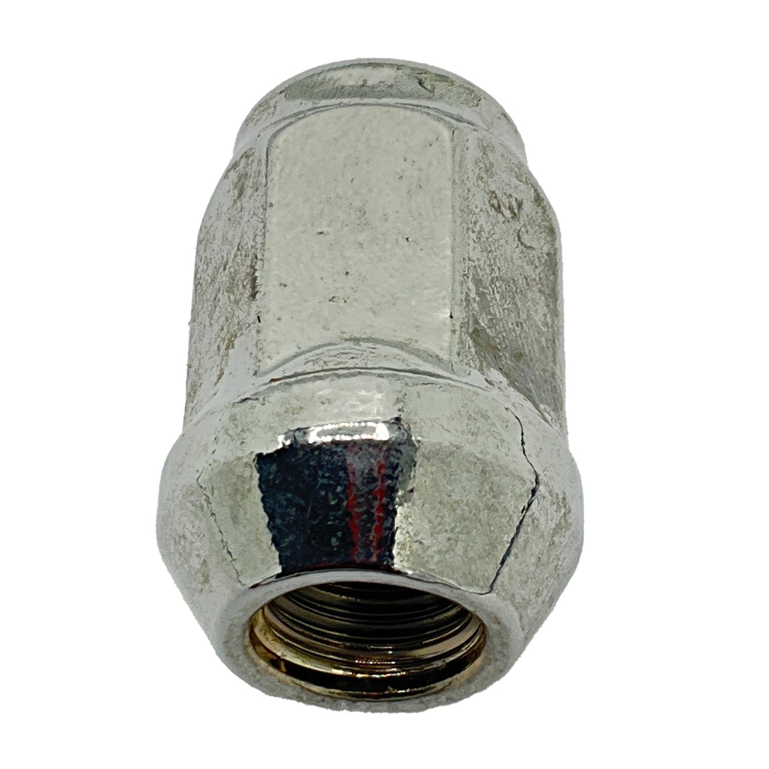 Chrome-finished metal lug nut with hexagonal head and threaded interior for 12 mm x 1.5 bolt size.