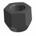 Black steel hexagonal lug nut with tapered base and threaded interior.