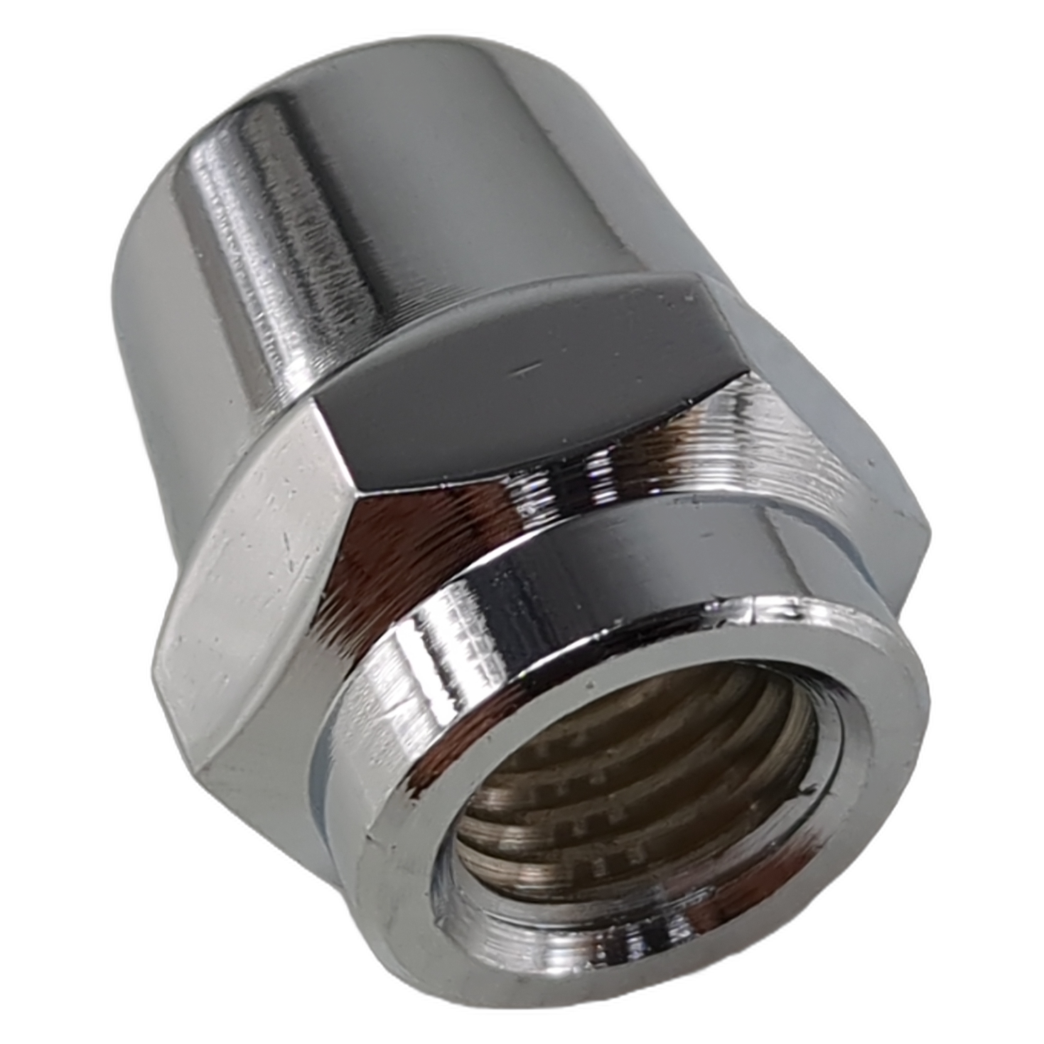 Chrome hexagonal mirror post jam nut with internal threading and polished finish.