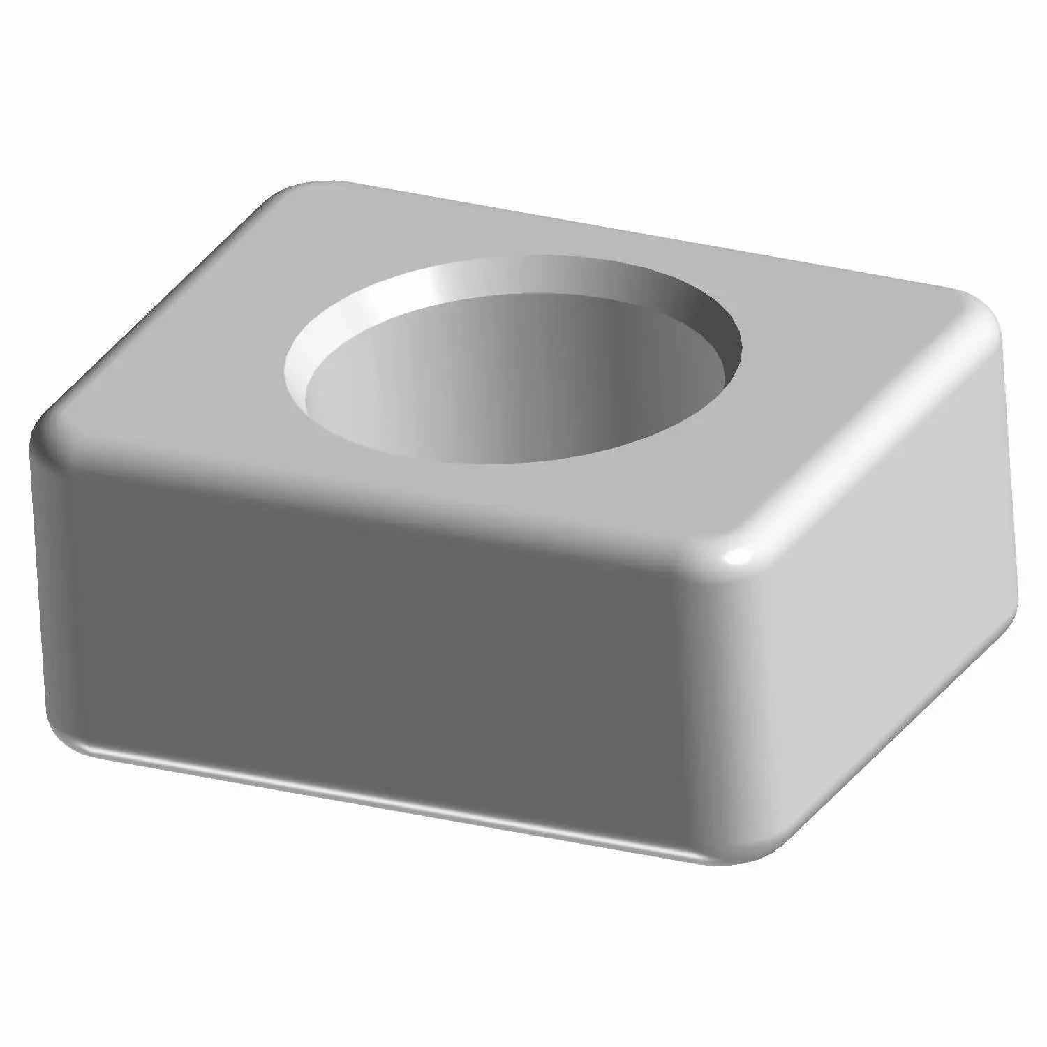 Silver square metal nut with rounded edges and a large central threaded hole.