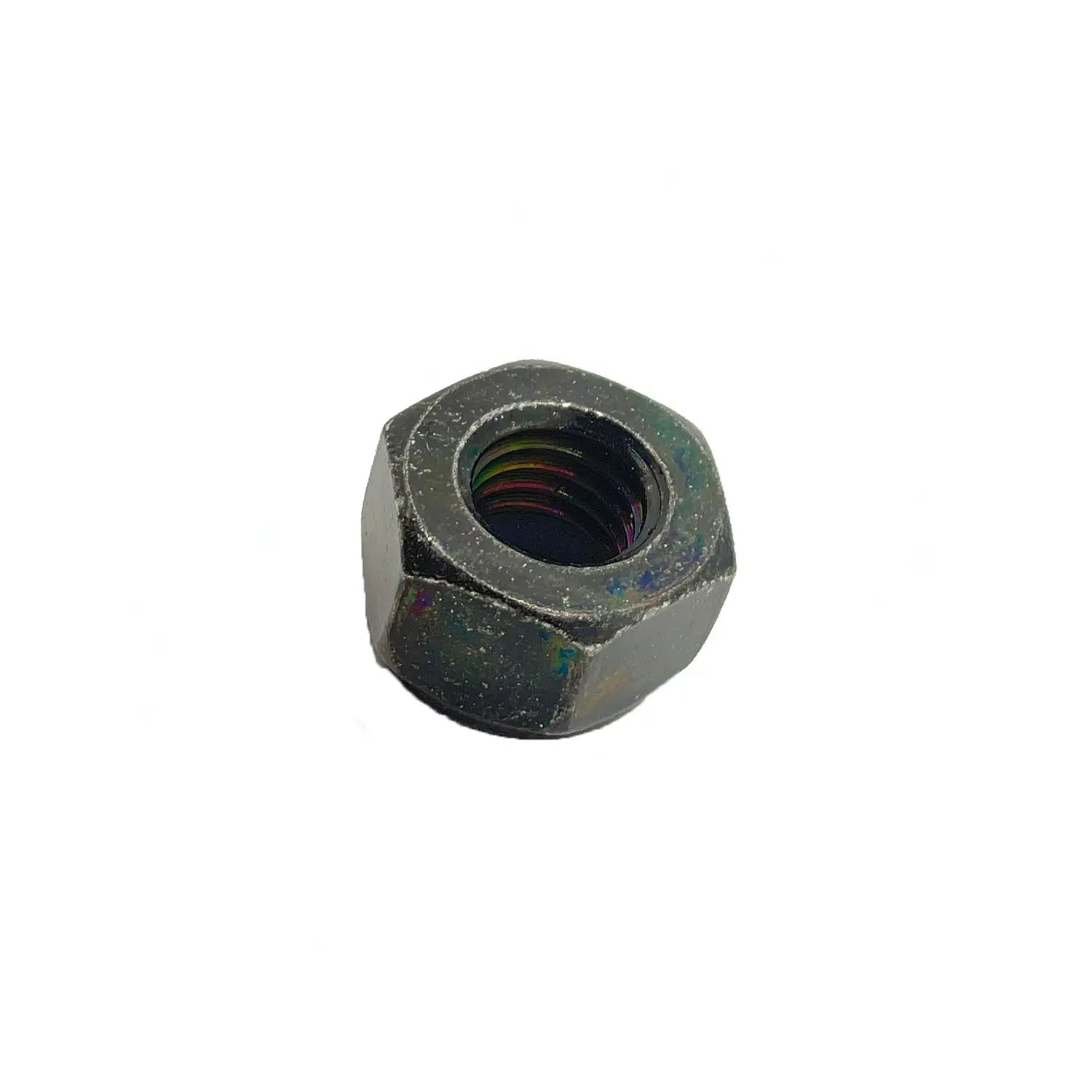 Hexagonal dark metal nut with internal threading and slightly worn surface.