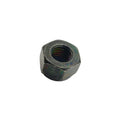 Hexagonal dark metal nut with internal threading and slightly worn surface.