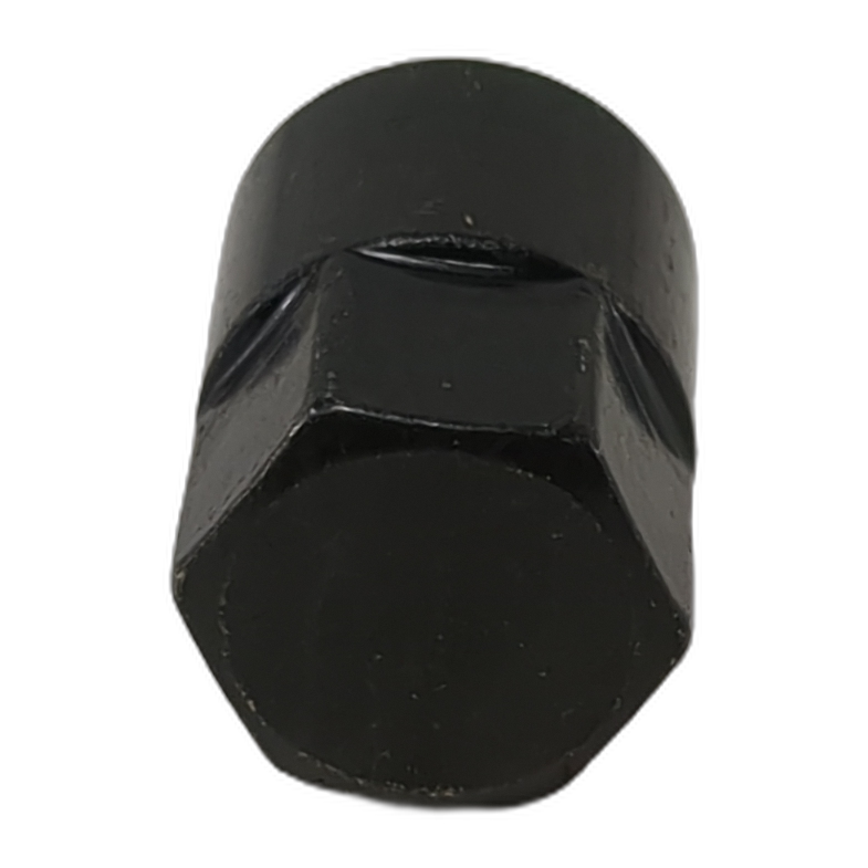 Black tapered wheel nut with hexagonal head, metal construction, M12x1.5 size.