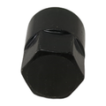 Black tapered wheel nut with hexagonal head, metal construction, M12x1.5 size.