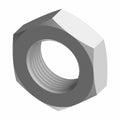 Silver hexagonal metal nut with internal threading, size M20 x 1.5.
