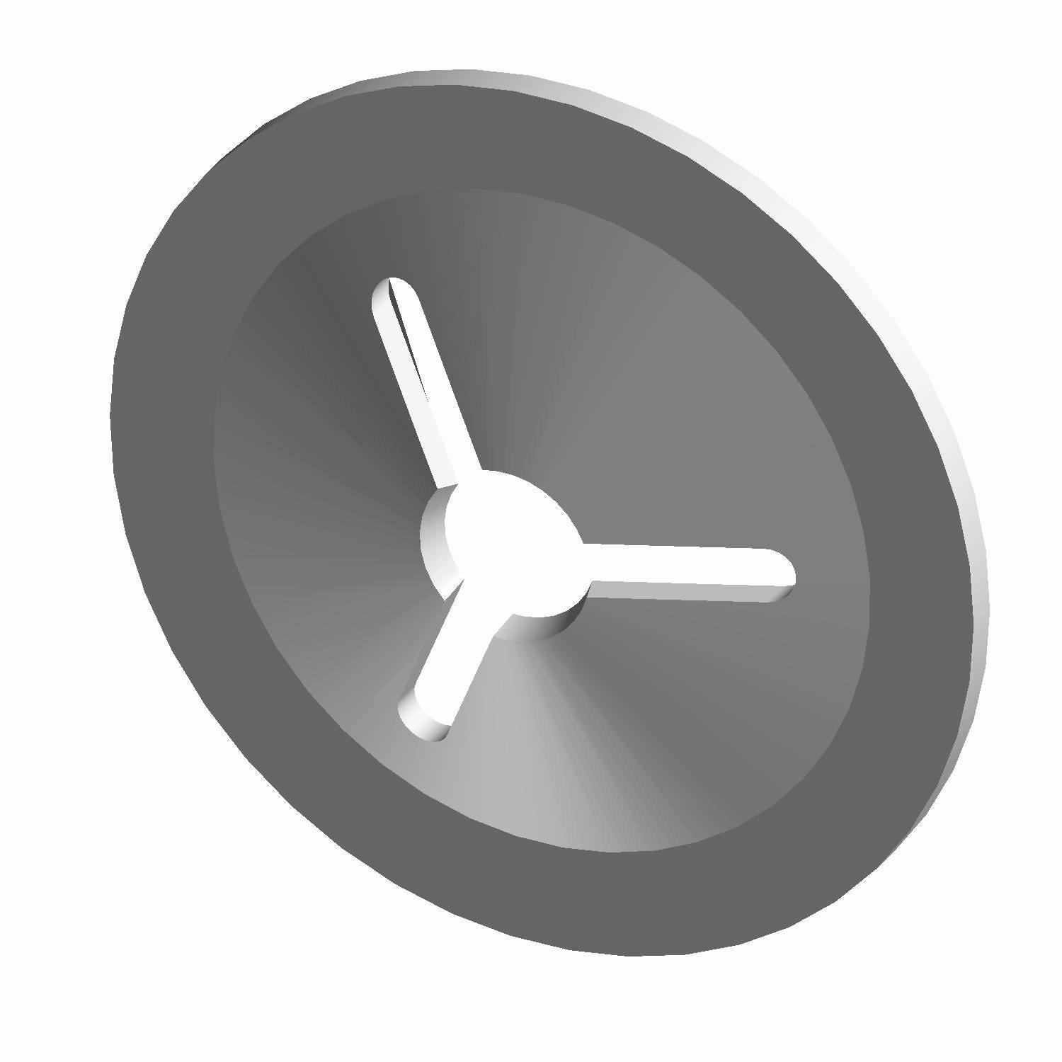 Round silver metal push badge nut with three evenly spaced spokes.