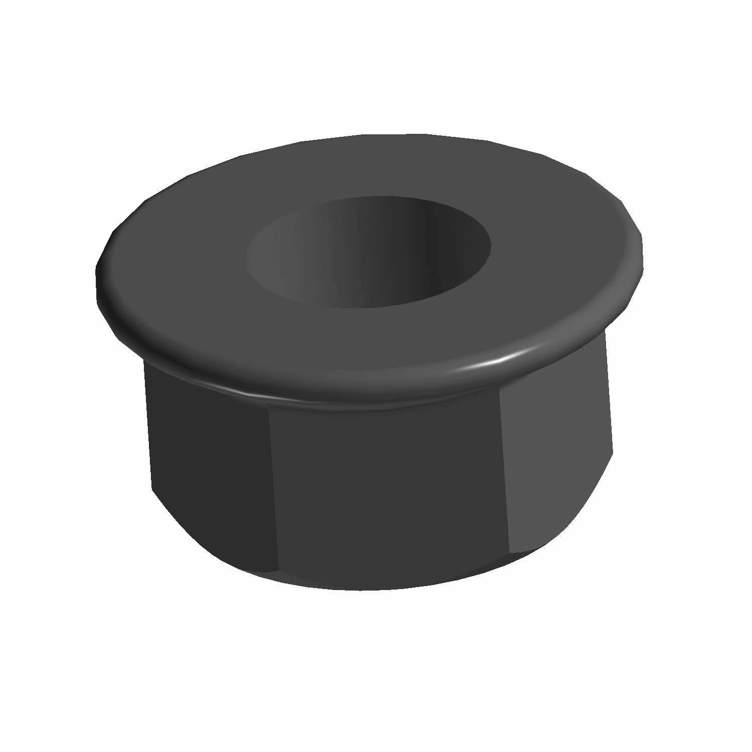 Black hex flange nut with 1.25 thread pitch and smooth flange base.
