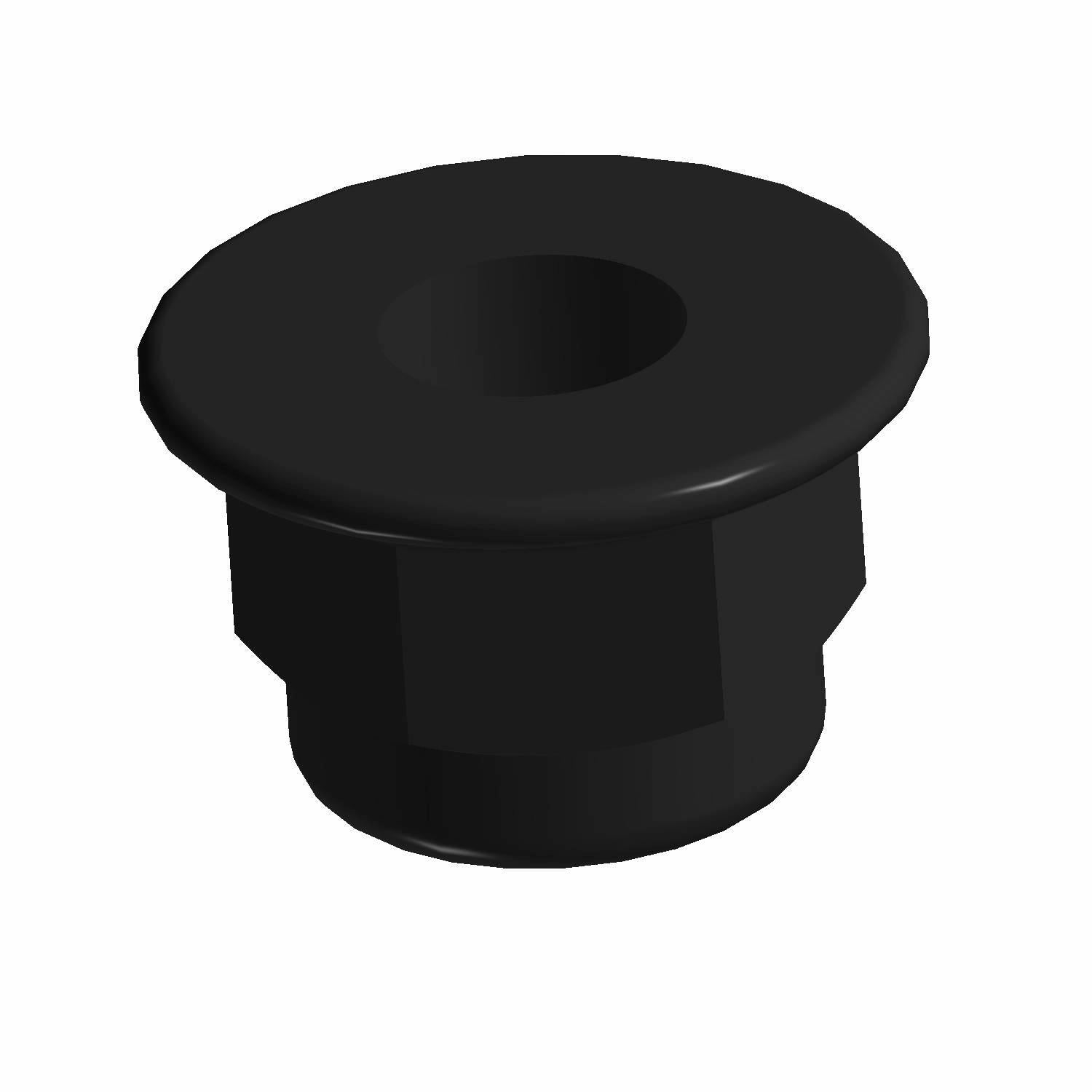 Black hexagonal nylon lock nut with flanged top and threaded interior.