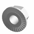 Silver metal hex flange nut with fine threading and serrated edge designed for secure fastening.