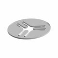 Round silver metal nut push badge with three prongs and a smooth finish.