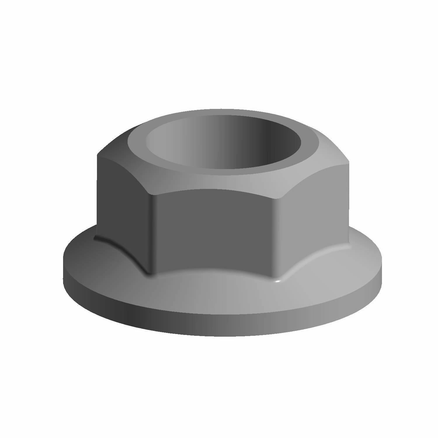 Gray metal hex flange nut with six flat sides and a wide circular base.