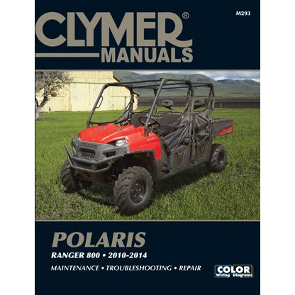 Cover of the Repair Manual Polaris Ranger by Clymer, showing a red Ranger 800 (2010-2014) on grass before a yellow barn and mountains; includes easy DIY maintenance, troubleshooting, and repair tips.
