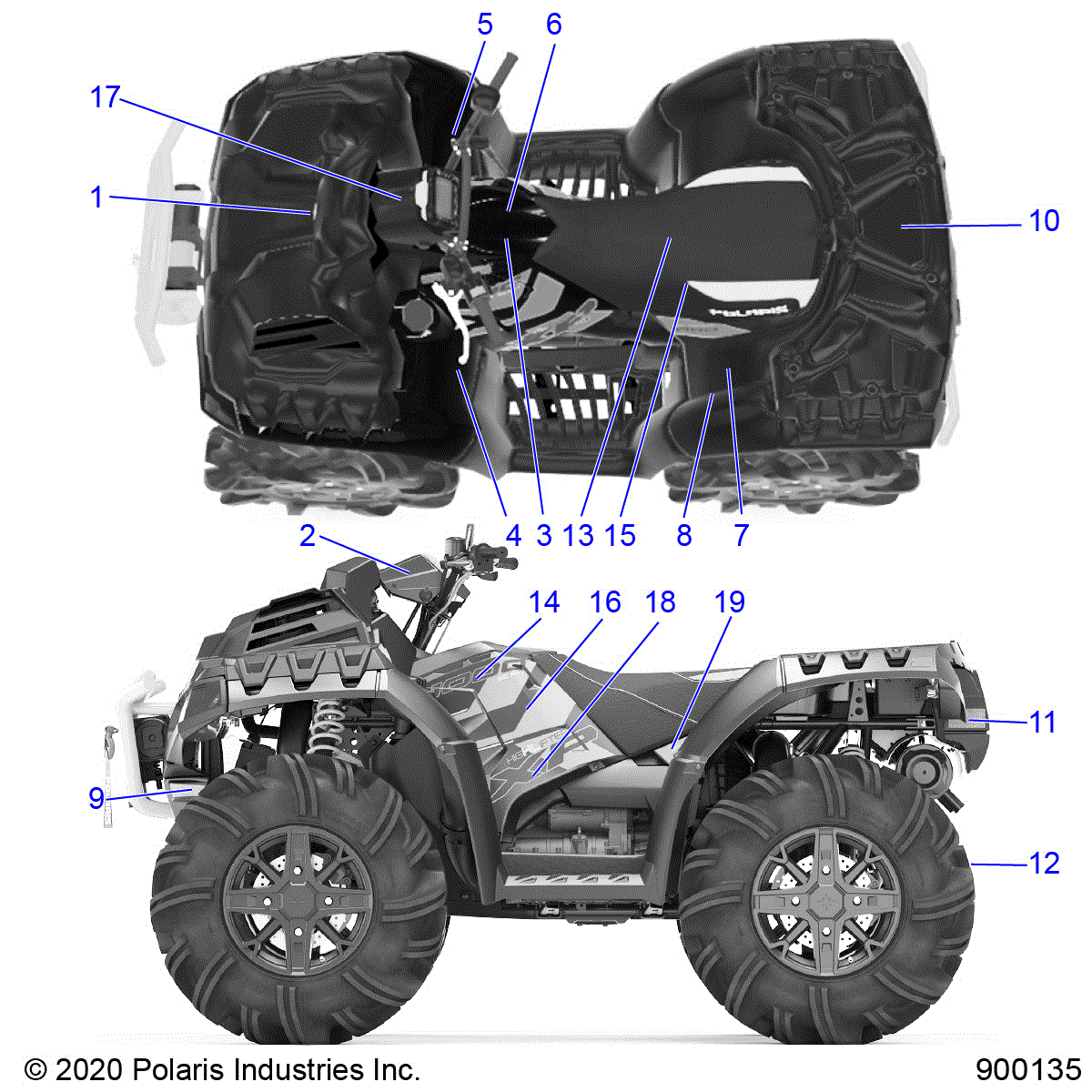 An Image of a Genuine Polaris Parts Schematic Diagram showing the schematic - BODY: DECALS - 2020 POLARIS SPORTSMAN XP 1000 HIGH LIFTER