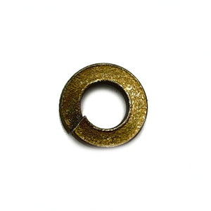 Small metal spring lock washer with a split, golden-bronze finish.