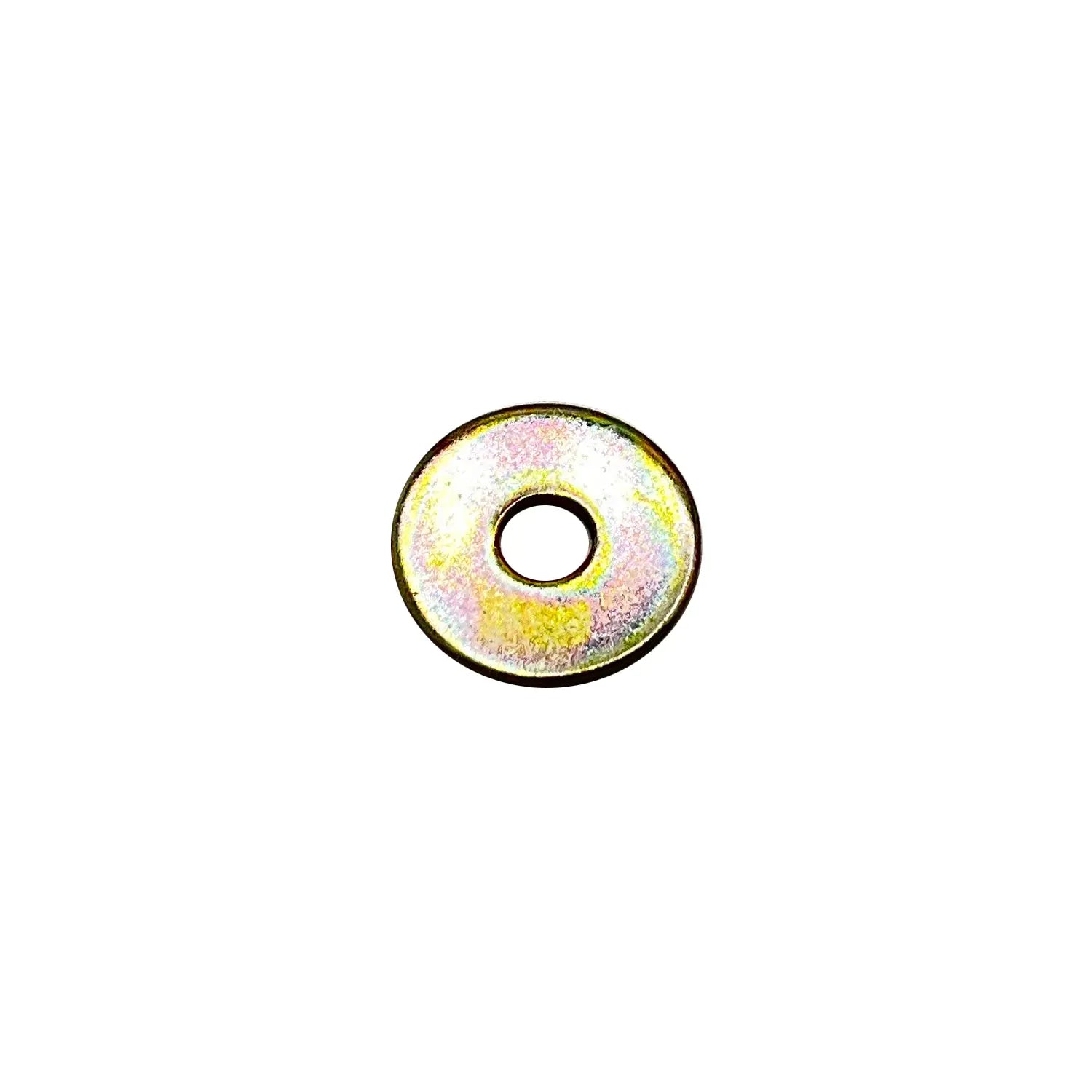 Yellow zinc-plated steel washer with central hole, flat and round shape.