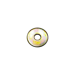 Yellow zinc-plated steel washer with central hole, flat and round shape.