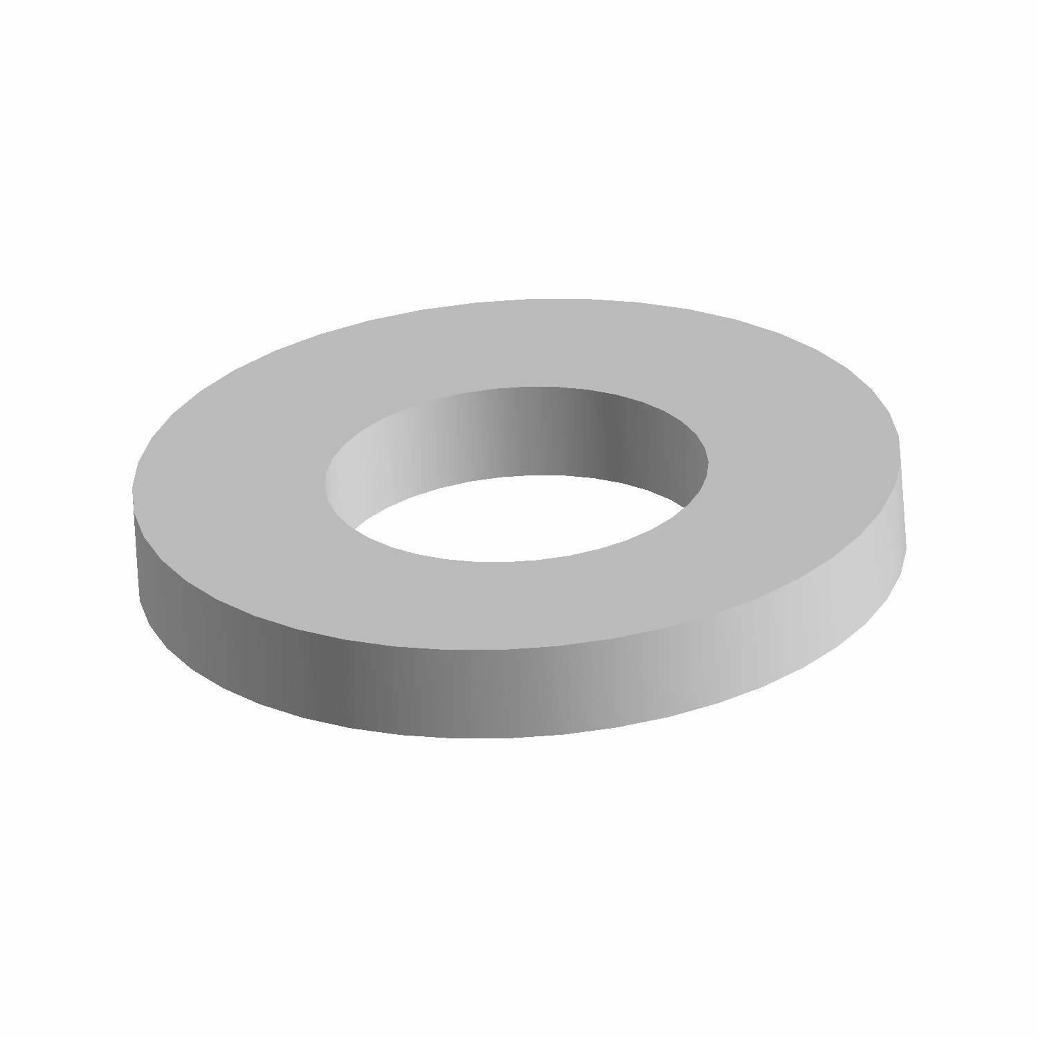 Gray metal flat washer with a circular shape and central hole.