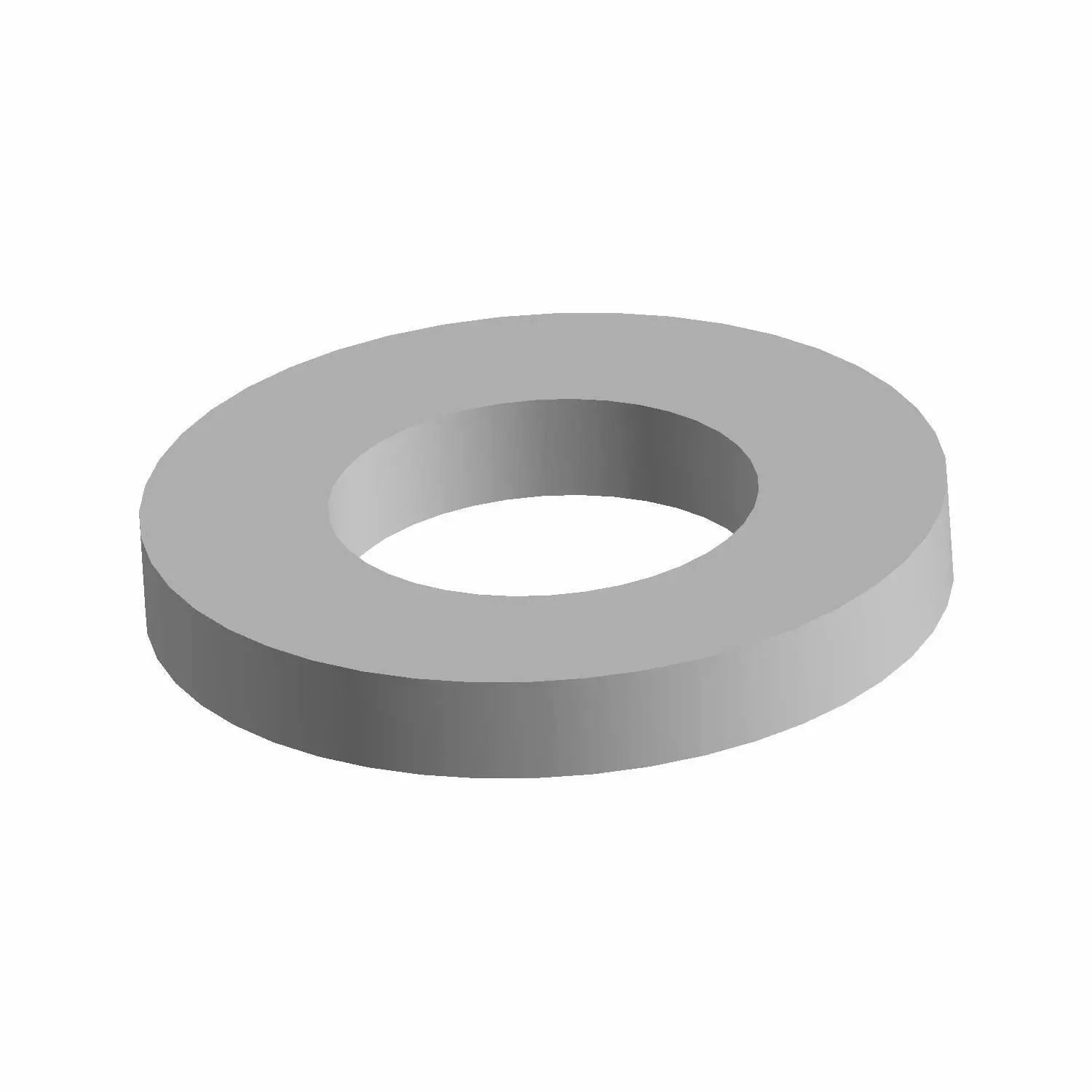 Silver metal flat washer with round central hole and smooth surface.