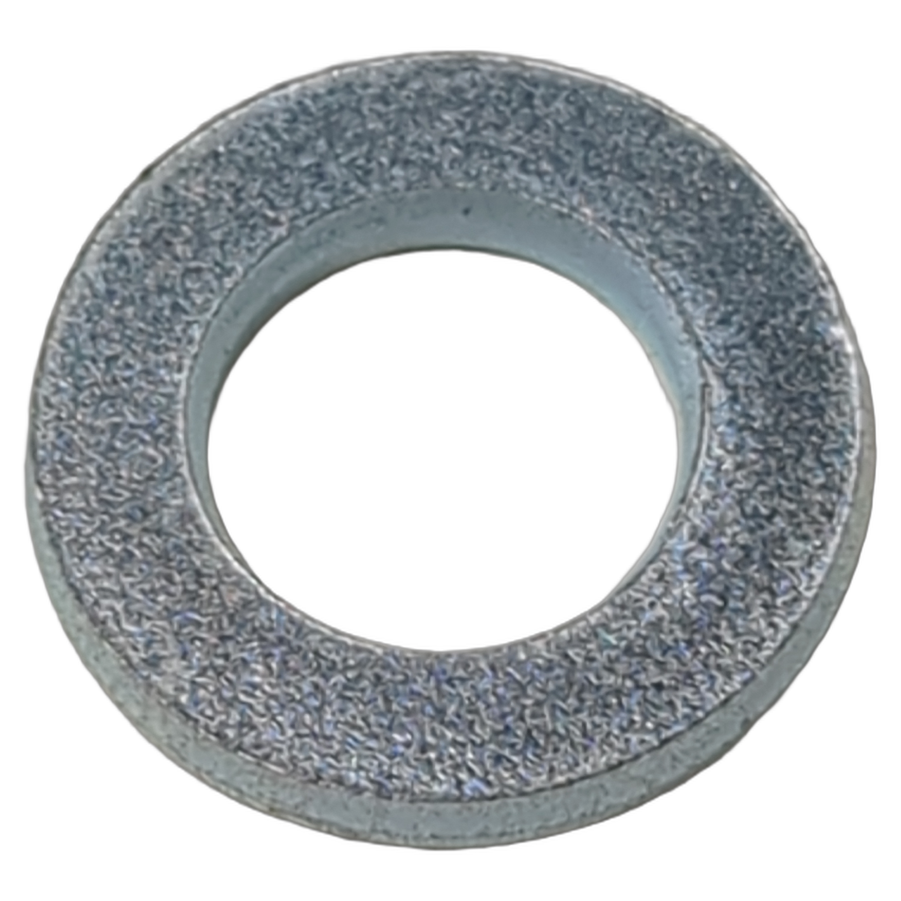 Silver metal flat washer with smooth texture and circular central hole.