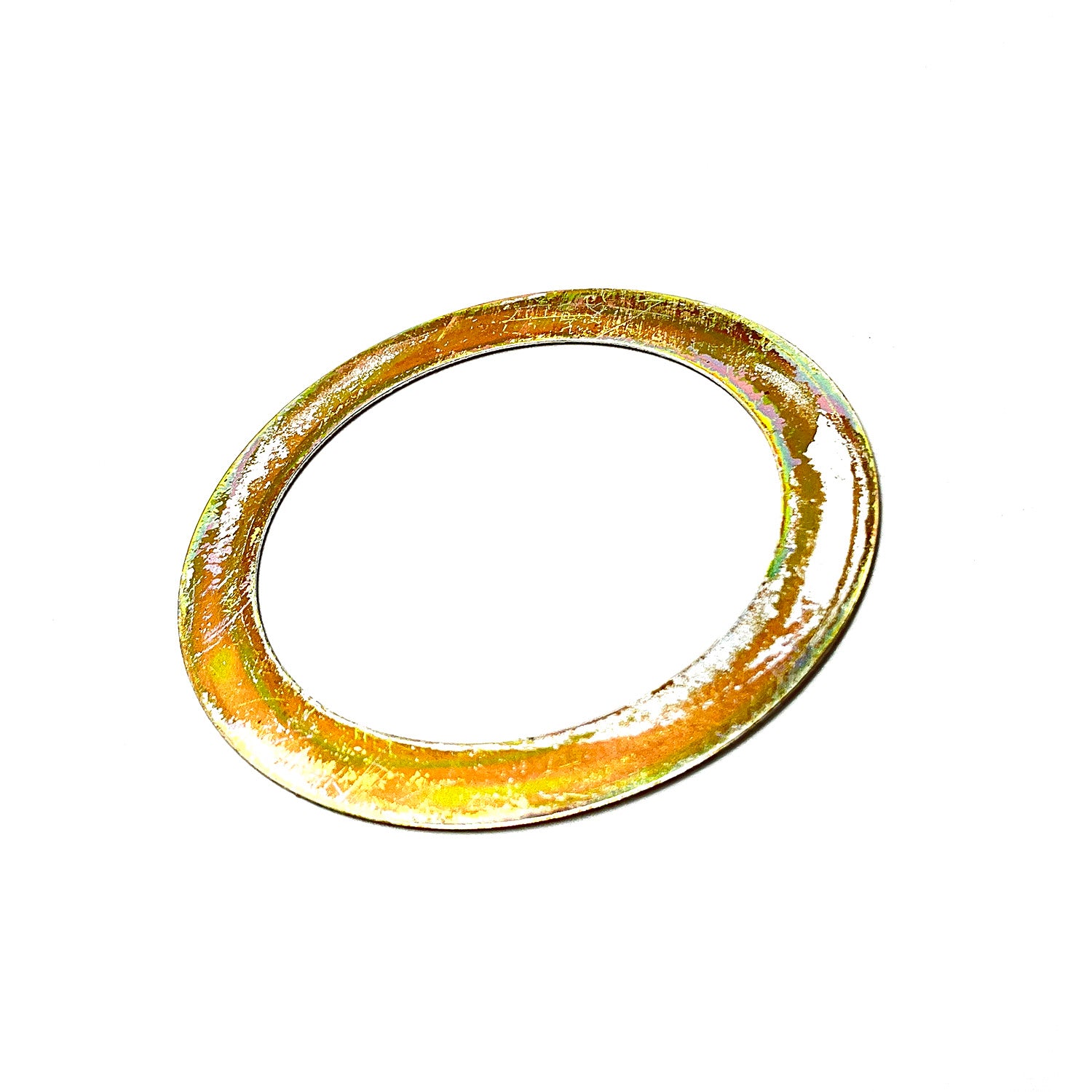 Gold-toned metal flat washer with smooth surface and circular shape.