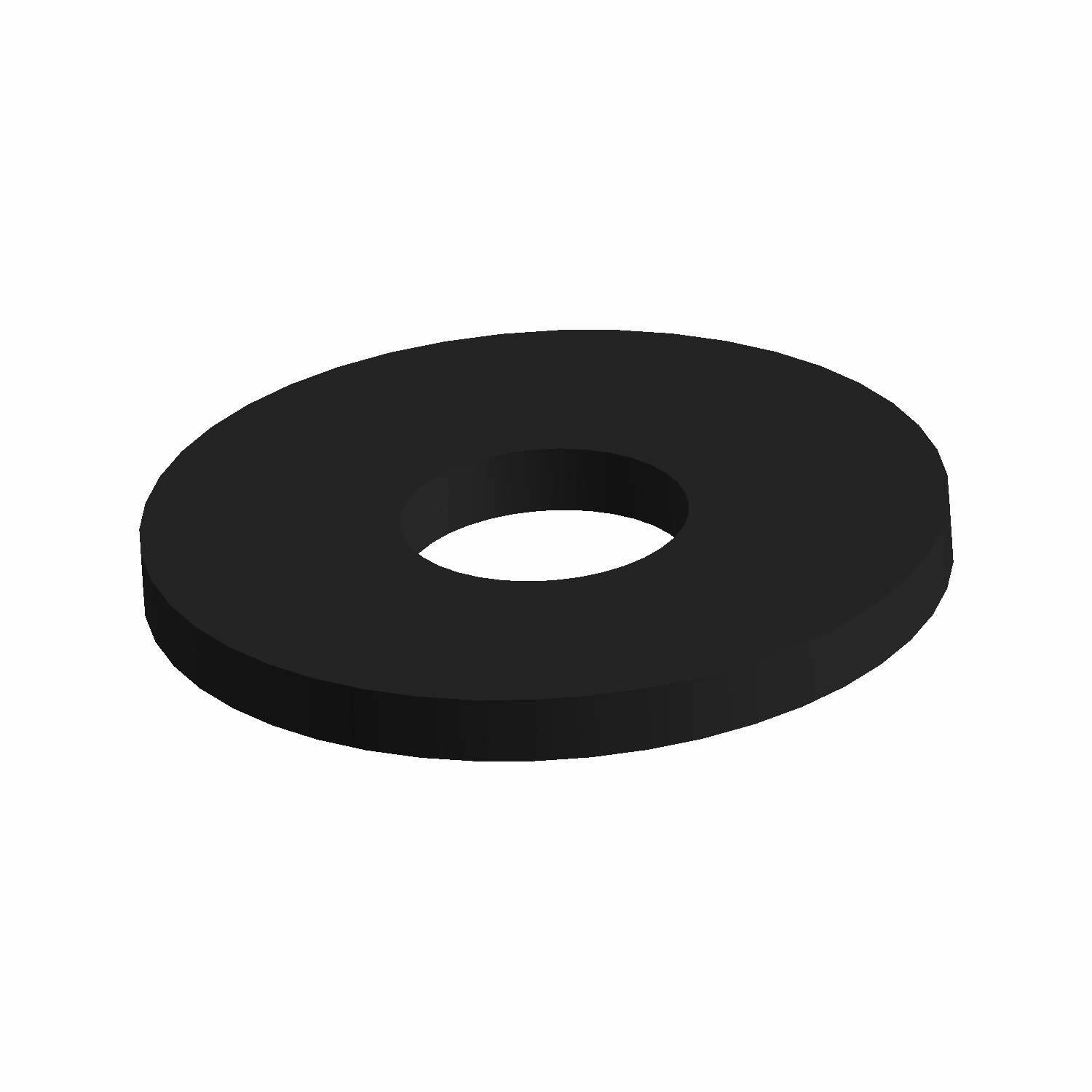 Black flat round washer with a central hole, smooth surface, and uniform thickness.