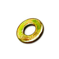 Metal flat washer with yellow zinc finish, round with central hole, smooth surface.