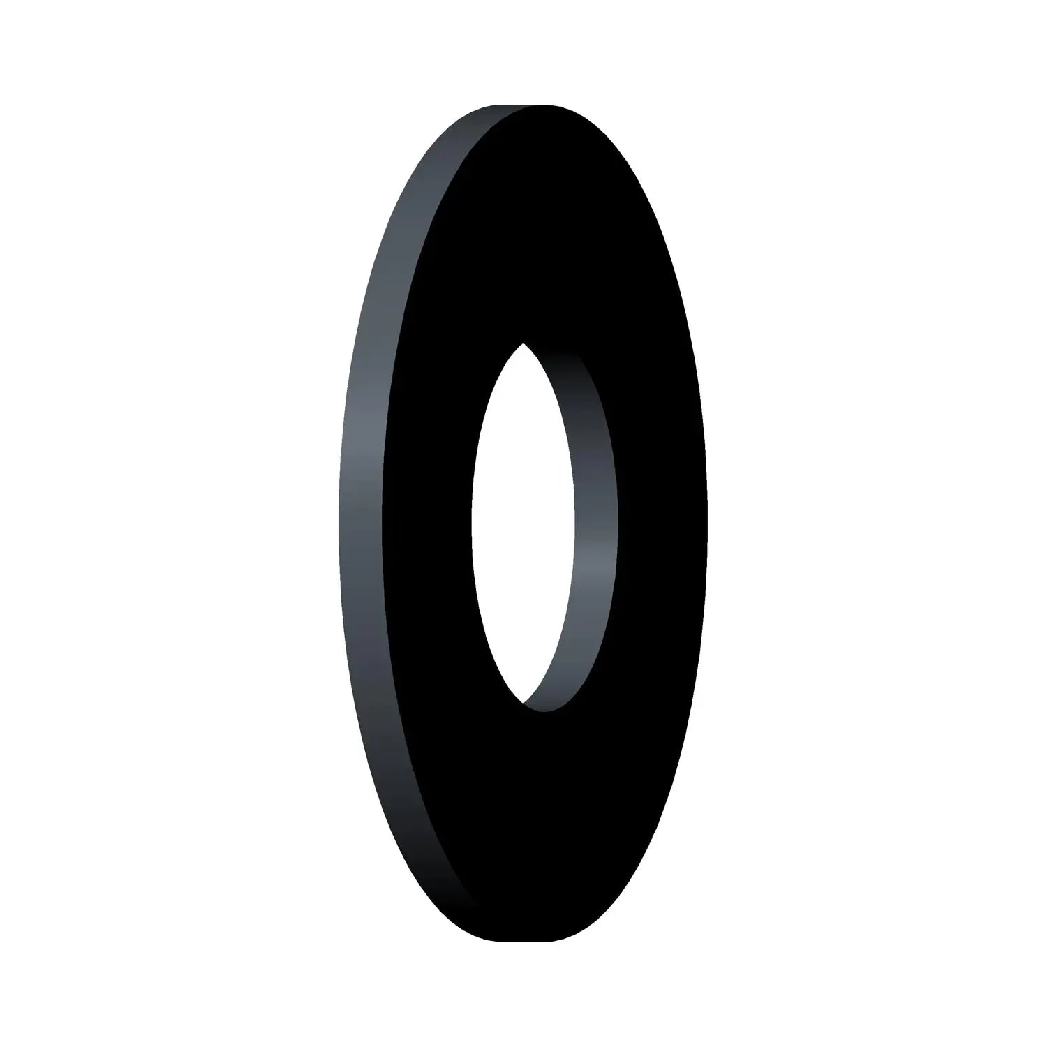 Black circular Delrin washer with a central hole, smooth surface, and flat profile.