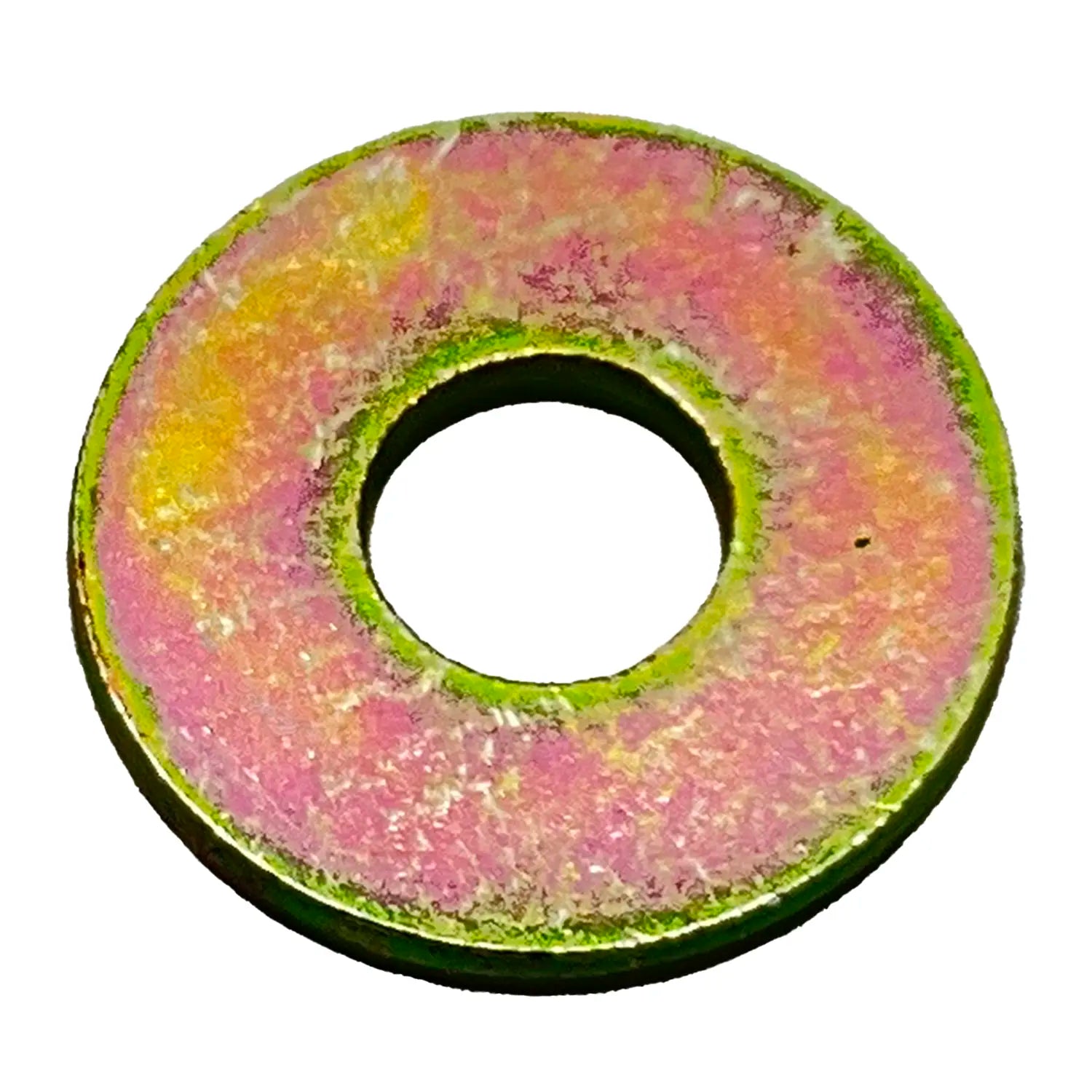 Round flat metal washer with a central hole, yellow-green zinc plated finish.
