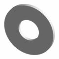 Silver metal flat washer with a smooth surface and circular hole center.