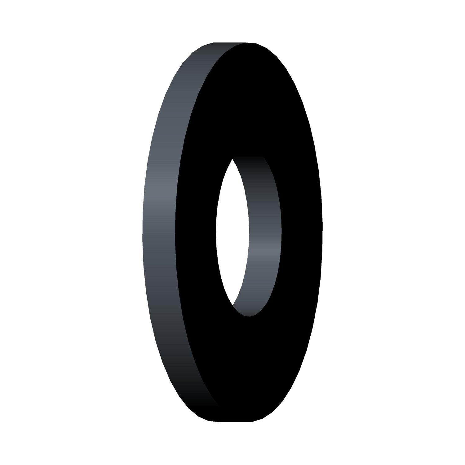Black flat metal washer with a circular shape and a center hole.