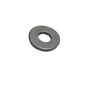 Round metallic flat washer with smooth surface and central circular hole.