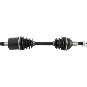 The Can Am Axle Kit Complete 8 Ball Extreme Duty Rear Left & Right Middle Right by All Balls is a black automotive drive shaft with precision ball bearings, rubber boots on both ends, metal joints, and a cylindrical center section.