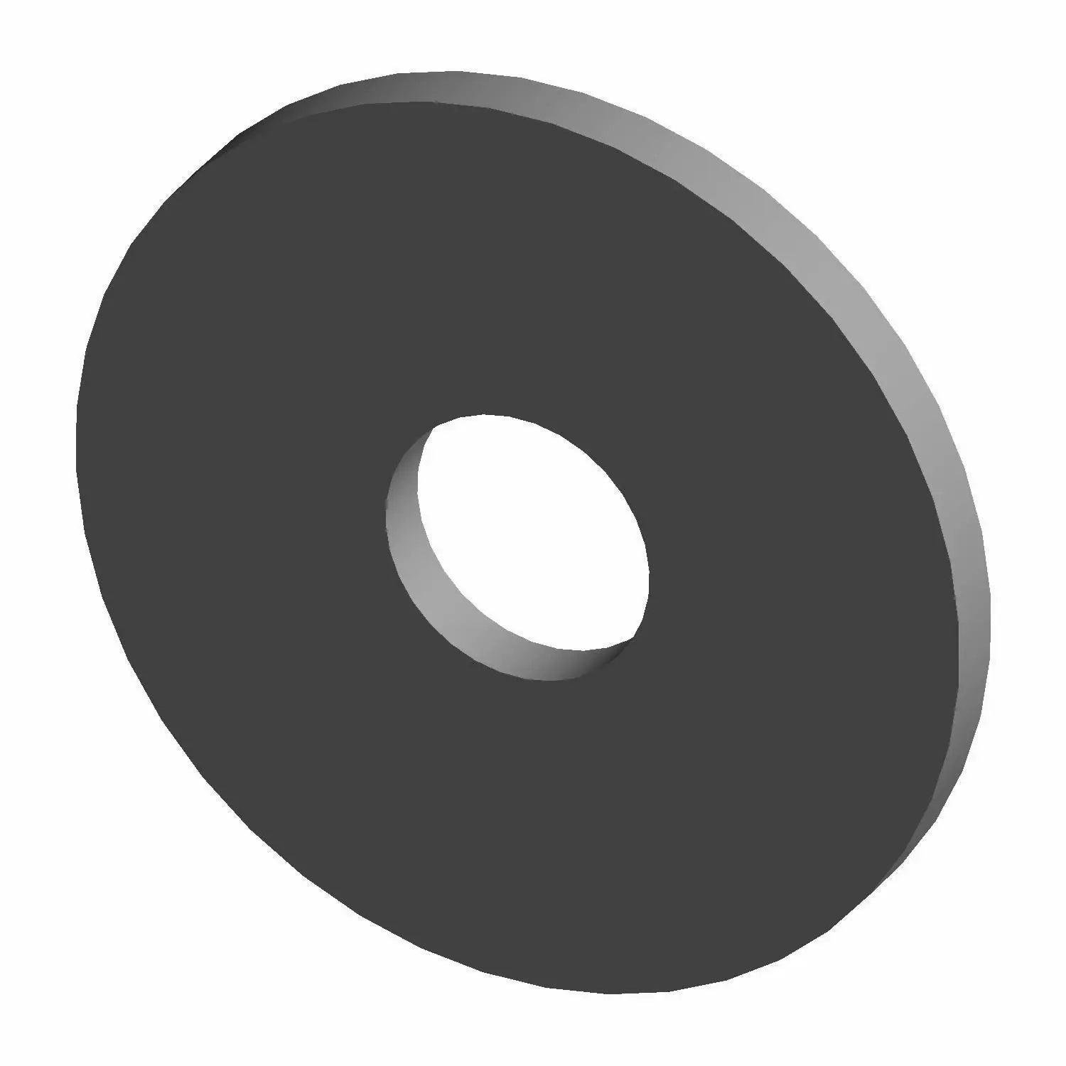 Black metal washer with central circular hole and flat, smooth surface.
