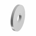Silver metal flat washer with central round hole, smooth surface, and beveled edges.
