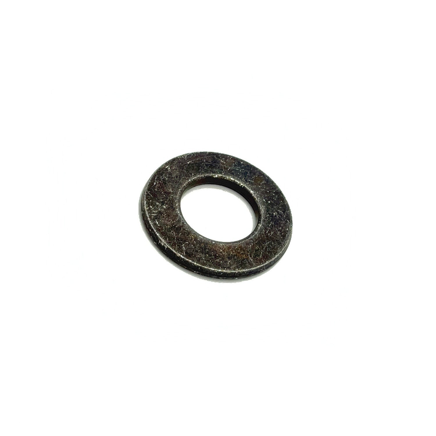 Small dark metal washer with circular hole and slightly textured surface.