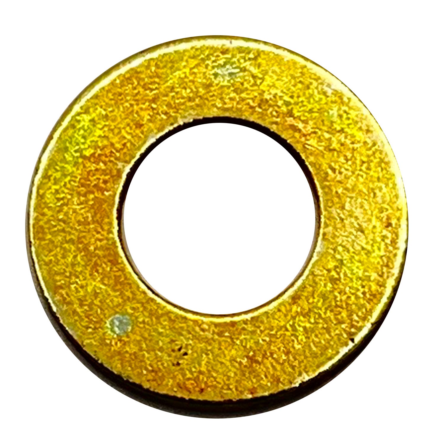 Yellow zinc-plated flat metal washer with a smooth circular shape and central hole.