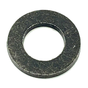 Dark metallic flat washer with smooth surface and circular central hole.