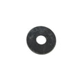 Round black metal flat washer with central hole and smooth surface.