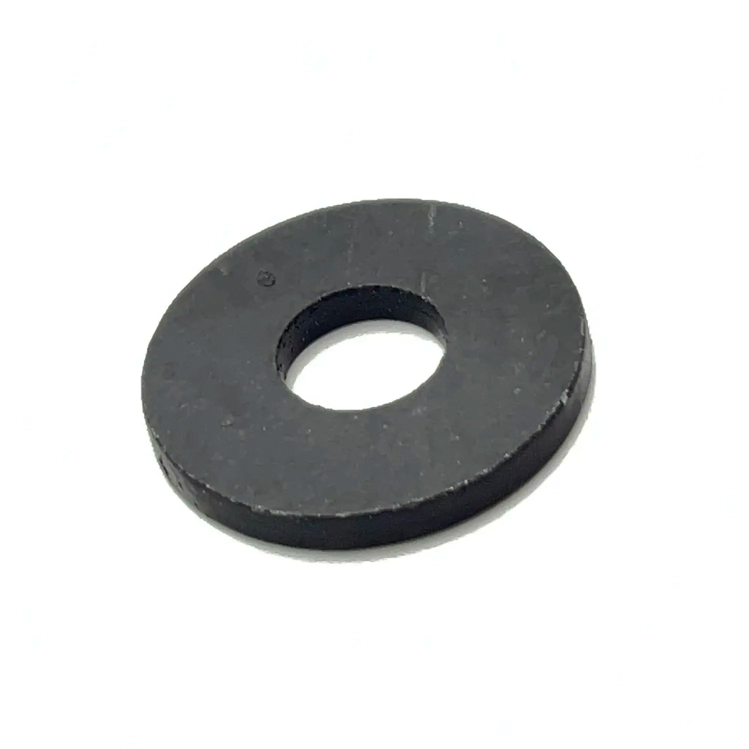 Black metal washer with flat, circular shape and central hole.