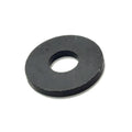 Black metal washer with flat, circular shape and central hole.