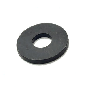 Black metal washer with flat, circular shape and central hole.