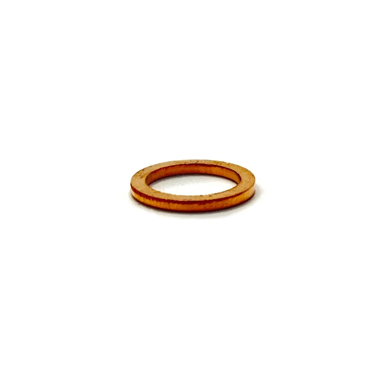 Small flat copper washer with smooth surface and round inner and outer edges.