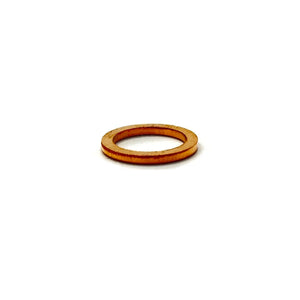 Small flat copper washer with smooth surface and round inner and outer edges.