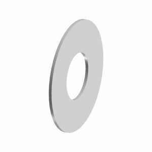 Flat metallic silver washer with a smooth surface and central circular hole.
