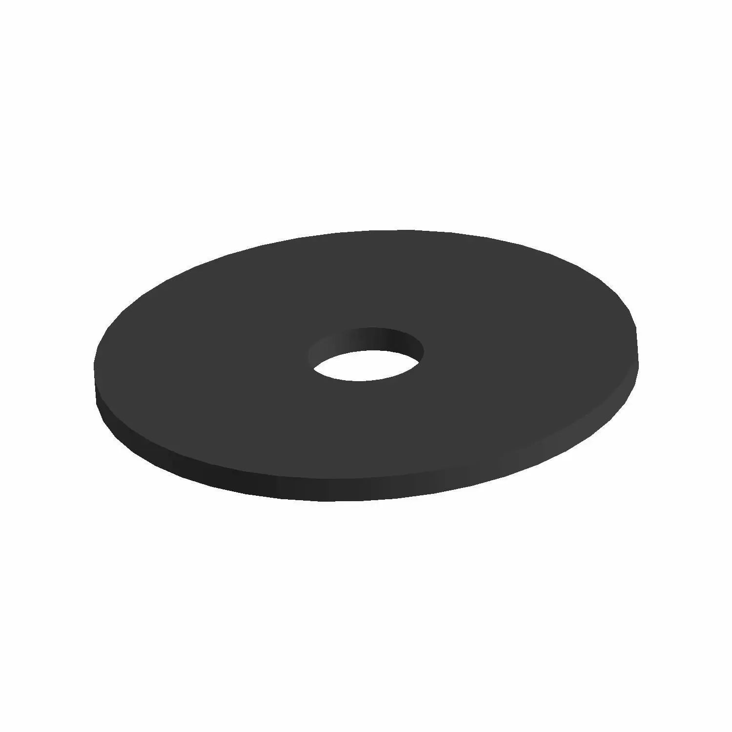 Black round flat washer with a central hole, made of metal with a smooth finish.