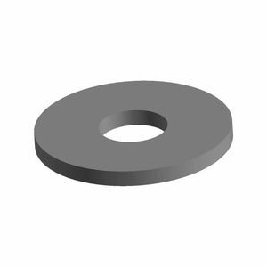 Gray metal flat washer with a central circular hole and smooth edges.