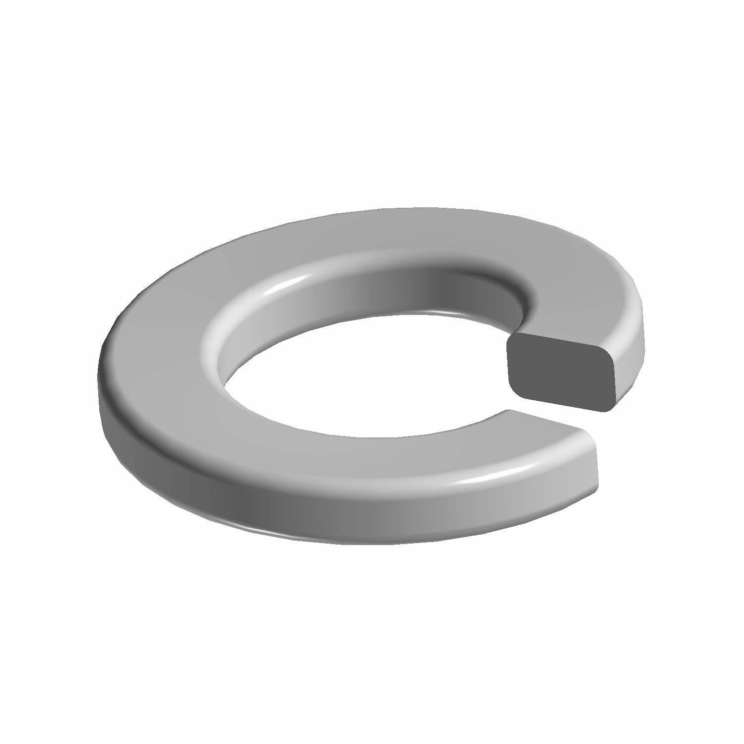 Silver metallic split lock washer with a circular shape and open gap design.